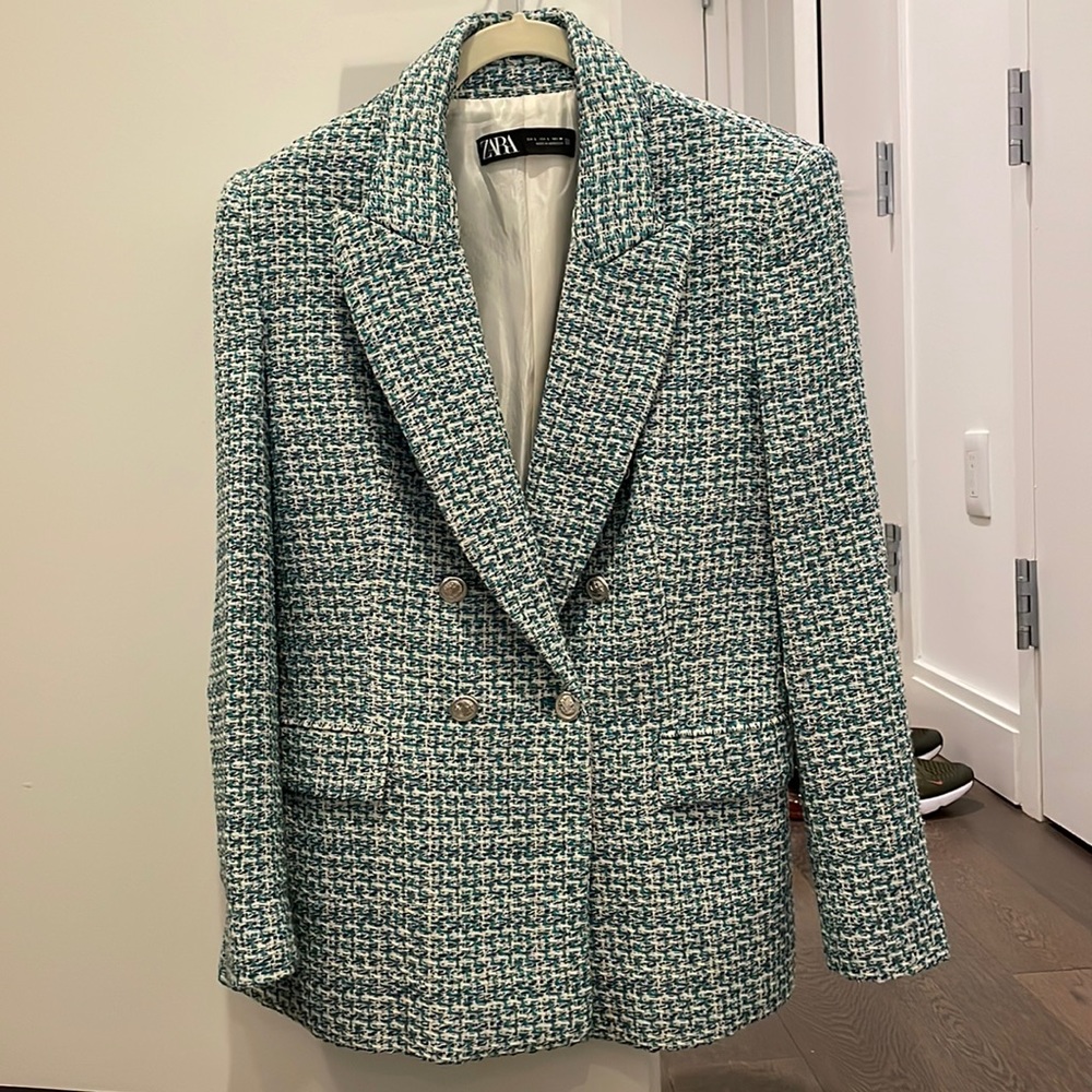 Green/blue tweed blazer from Zara